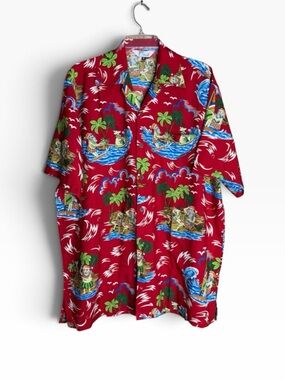 Alvish Mens XL Christmas Hawaiian Shirt Surfing Santa Reindeer Red Aloha